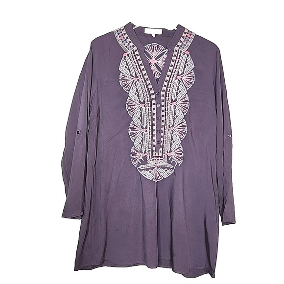 Solitaire Tops - Solitaire Purple Embroidered Roll Tab Sleeve Rayon Tunic Top L 18-1668